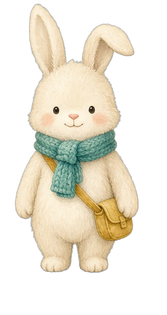 Toto the Rabbit — a soft white rabbit in a teal knit scarf with a mustard satchel